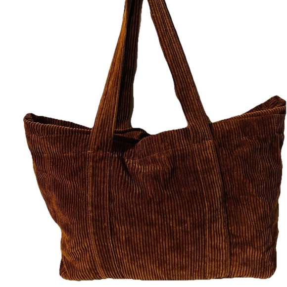 Vintage Style Zara Corduroy Rich Brown Front Pocket Large Tote Bag Women’s - Picture 3 of 10